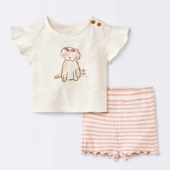 Baby Girls' 2pc Dog Floral T-Shirt Shirt & Bike Shorts Set - Cloud Island™ Cream -My baby GUEST 081f2d01 d6fb 40cd 8283 10e5f9d637df