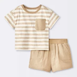 Baby Boys' 2pc Striped Pocket T-Shirt And Shorts Set - Cloud Island™ Tan -My baby GUEST 5594286d f54e 47ec a780 727c718dacbc