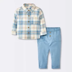 Baby Boys' Flannel Button-Down Top & Pants Set - Cloud Island™ Blue -My baby GUEST 87754212 e8c6 43aa a453 e04b0d480d34