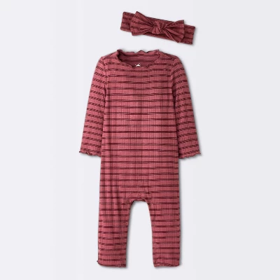 Baby Girls' Jacquard Checkered Romper & Headband - Cloud Island™ Burgundy 6 Baby Girls' Jacquard Checkered Romper & Headband - Cloud Island™ Burgundy - Image 4