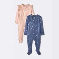 Baby Girls' 2pk Cozy Wide Ribbed Floral Sleep N' Play - Cloud Island™ Pink/Blue -My baby GUEST b8b6cf8f 3882 4edb 912f a69077b659d9