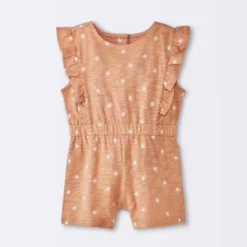 Baby Girls' Sun Stamps Printed Ruffle Romper - Cloud Island™ Tan -My baby GUEST d352768e 43f2 4e55 850a ec4cb21e5f91